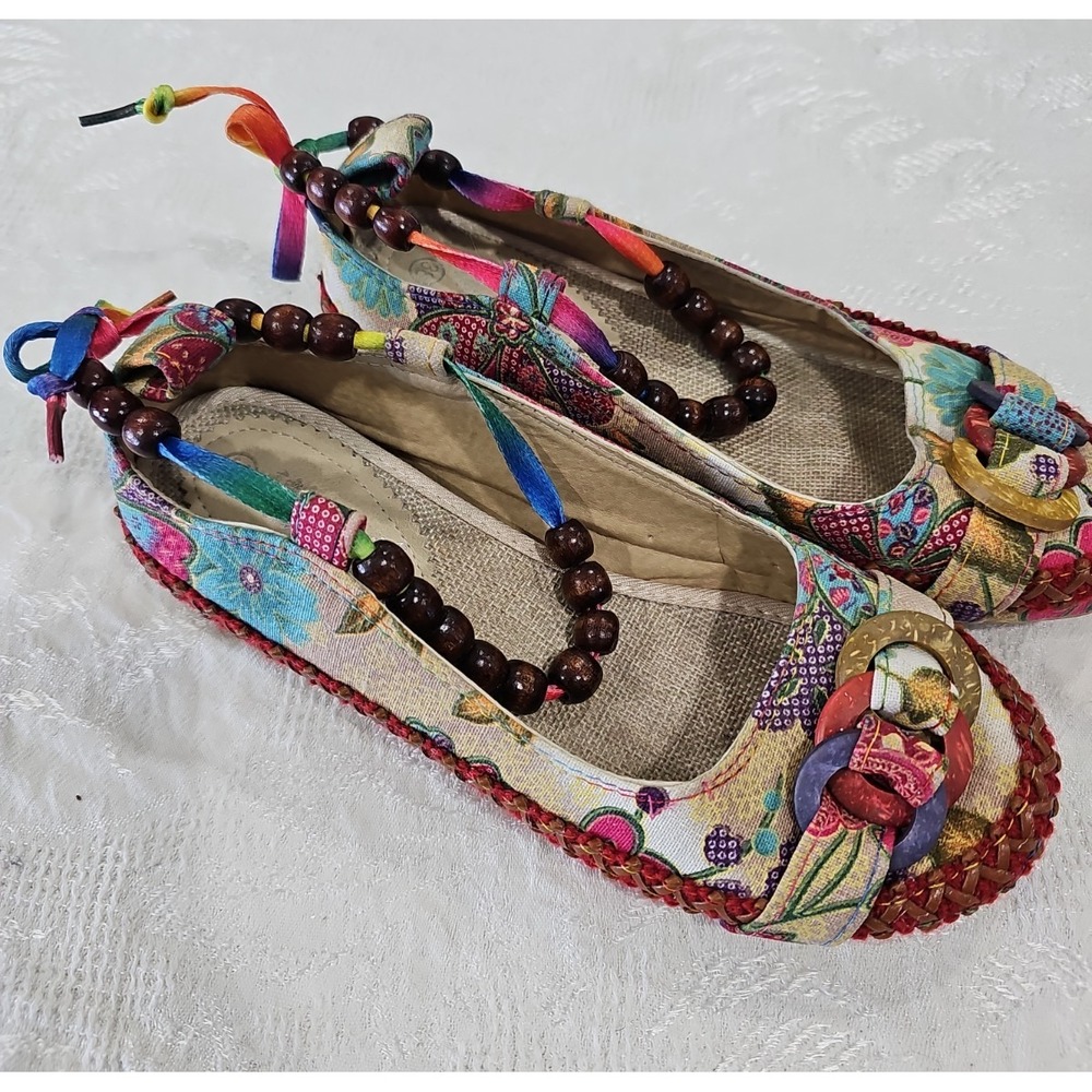 Xiruyi Boho Floral Canvas Flats Rainbow Ankle Tie Beaded Shoes Womens 8 EU 38